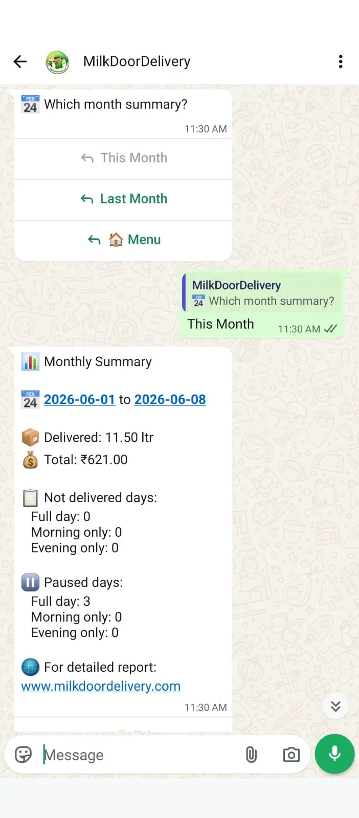 Automated dairy billing system monthly summary on WhatsApp