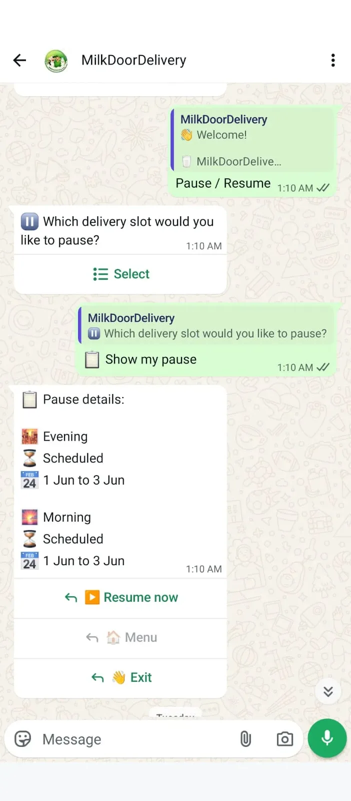 Pausing a milk subscription via WhatsApp