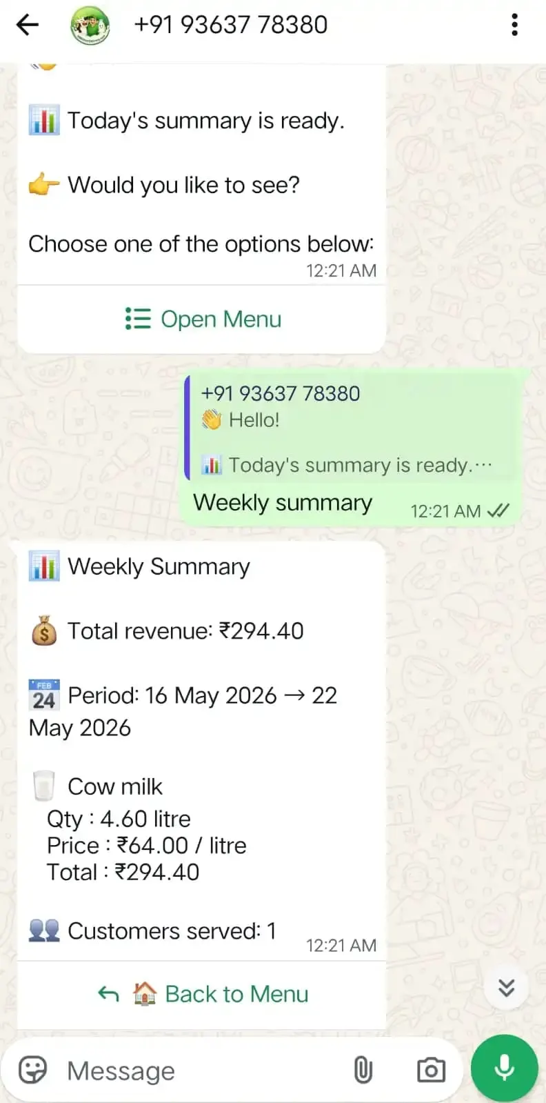 Provider's weekly summary from the milk delivery software